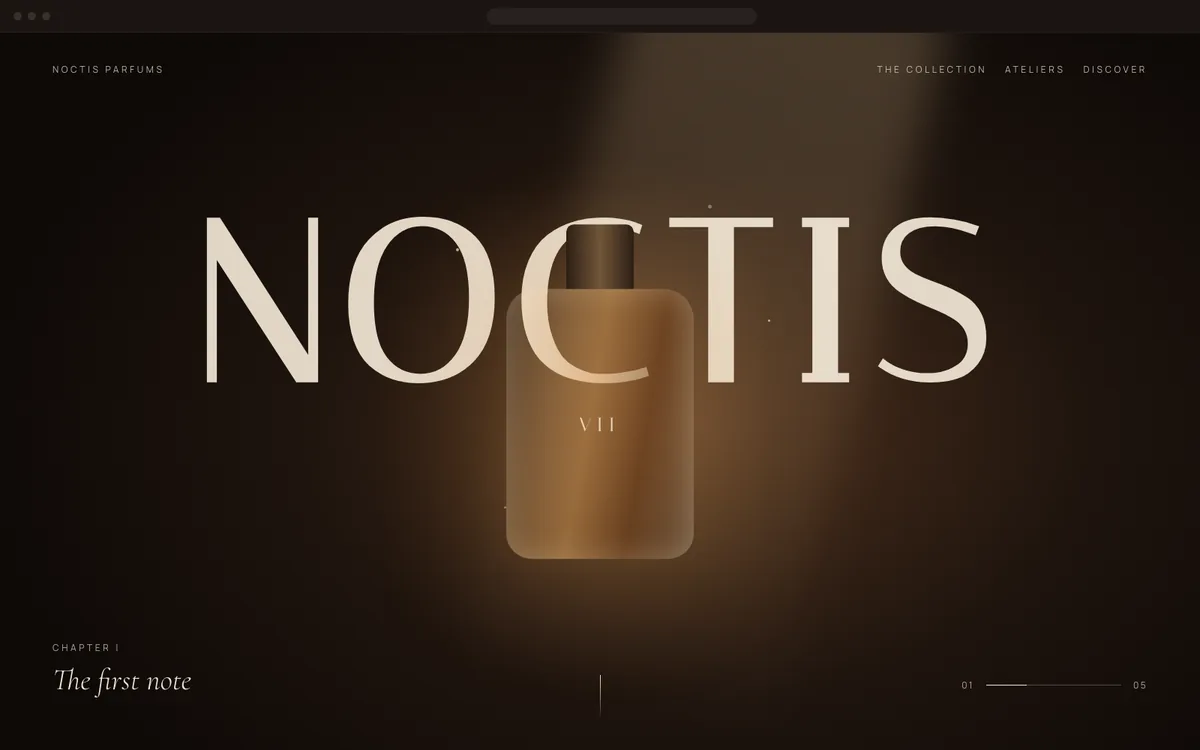 Conceptual Premium website for Noctis, a fictional fragrance house: a dark, cinematic single page with oversized type and a glowing amber bottle.